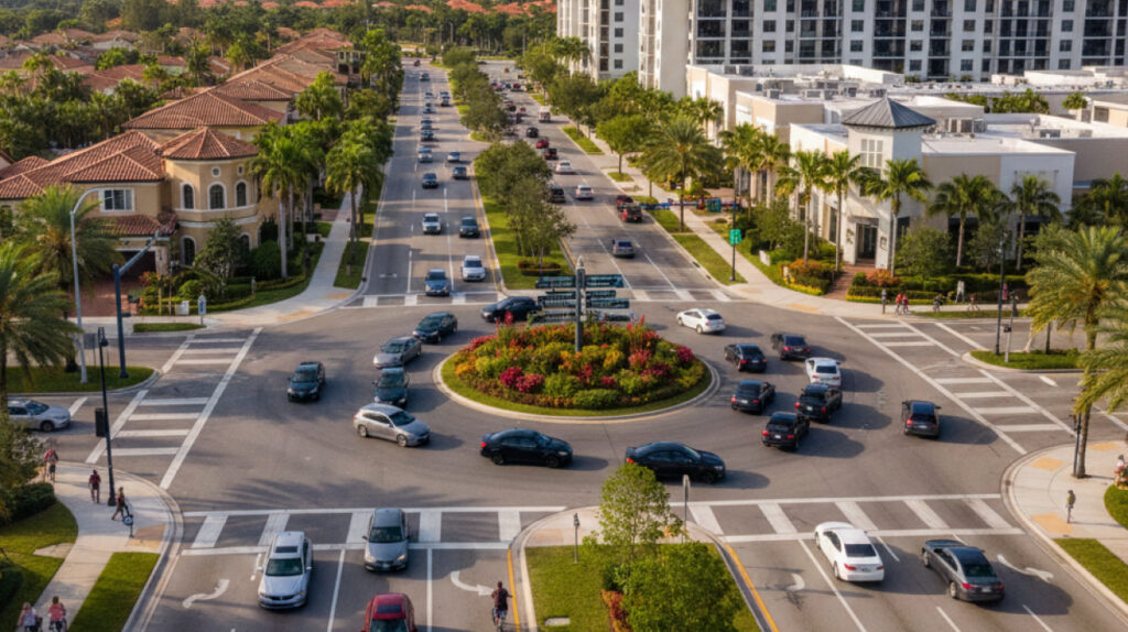 Busy roundabout with palm trees