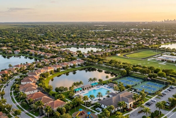 Aerial view of suburban community landscape.