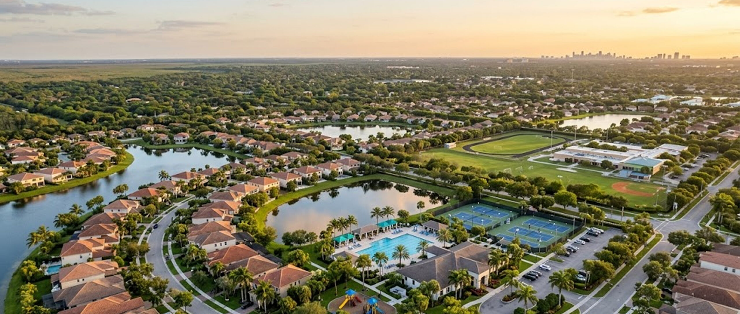 Buying a Home in Pembroke Pines, FL (2026 Guide): Top Communities, Schools, Lifestyle & The Step-by-Step Process 1 Aerial view of suburban community landscape.